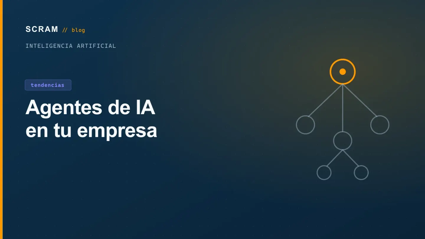 Gráfico azul marino titulado «Agentes de IA en tu empresa» con un árbol de nodos naranja y gris