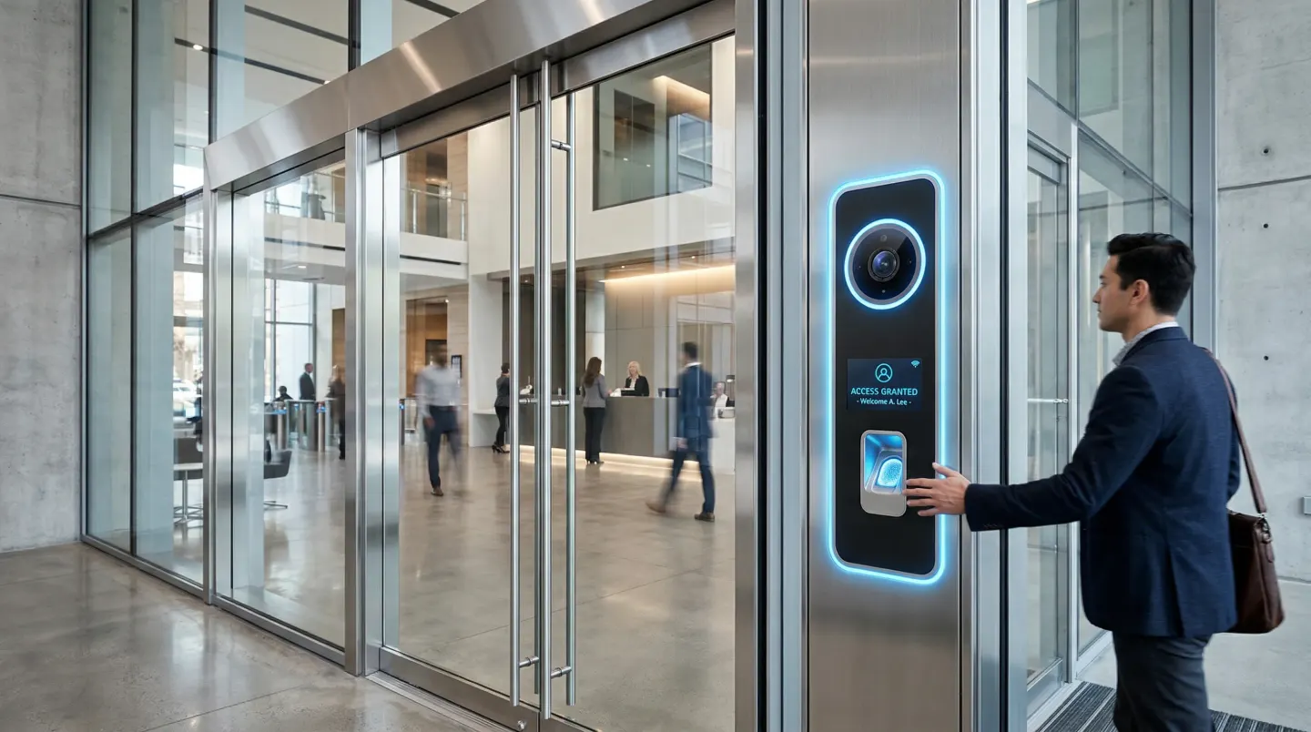 Hombre apoya la mano en un lector biométrico que muestra «Access Granted» junto a la puerta de un lobby