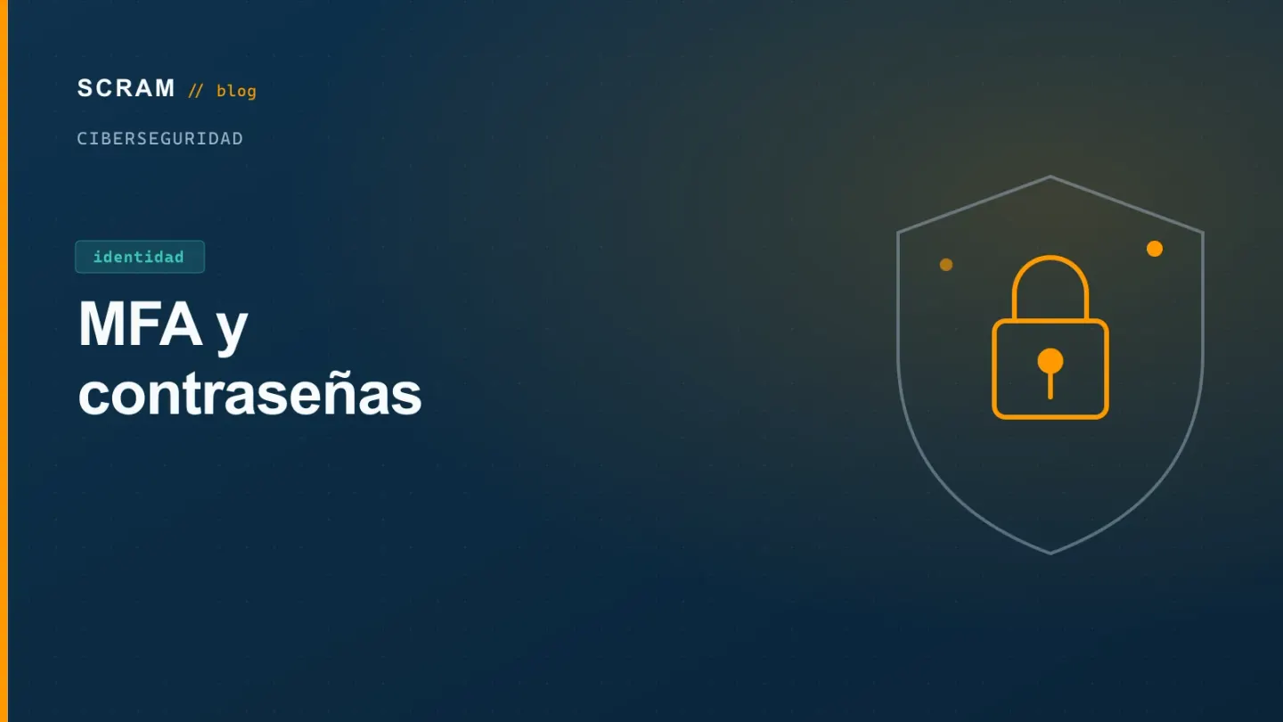 Gráfico azul marino titulado «MFA y contraseñas» con un candado naranja dentro de un escudo gris