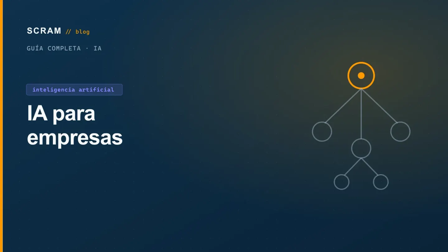 Gráfico azul marino titulado «IA para empresas» con un árbol de nodos y un círculo naranja arriba