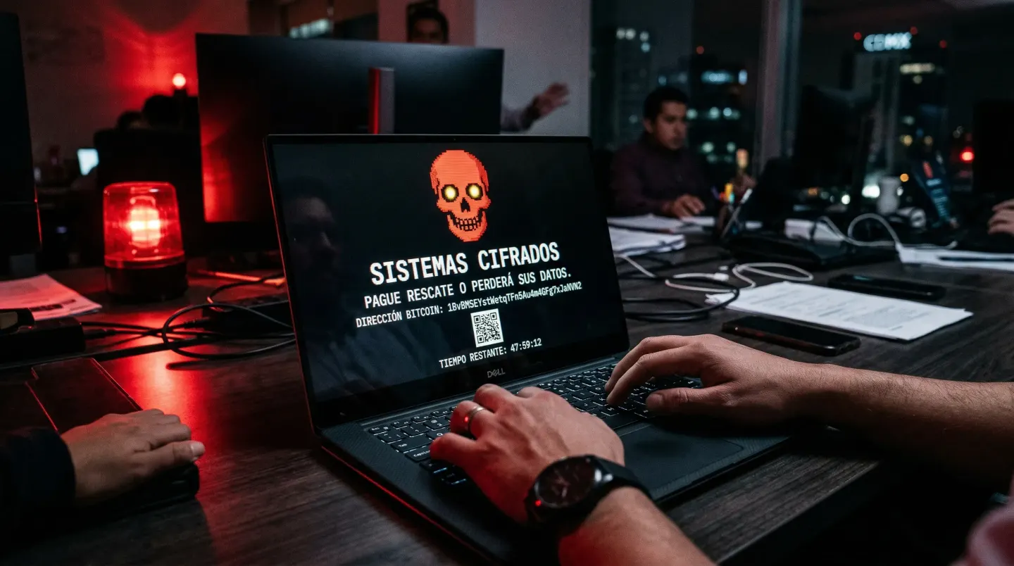 Manos tecleando en una laptop con pantalla de rescate y calavera roja, junto a una torreta encendida en la oficina