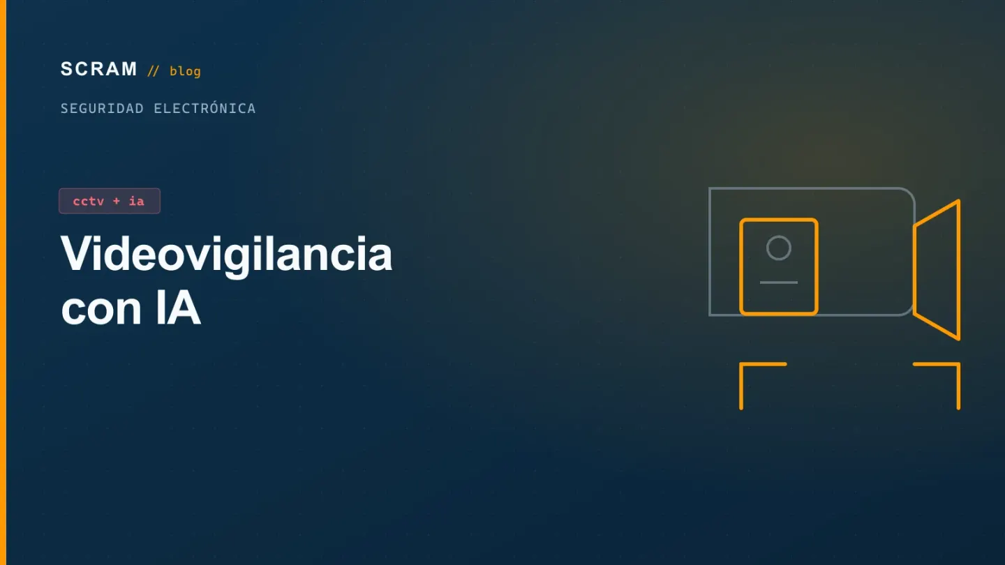 Gráfico azul marino titulado «Videovigilancia con IA» con una cámara naranja entre marcas de encuadre