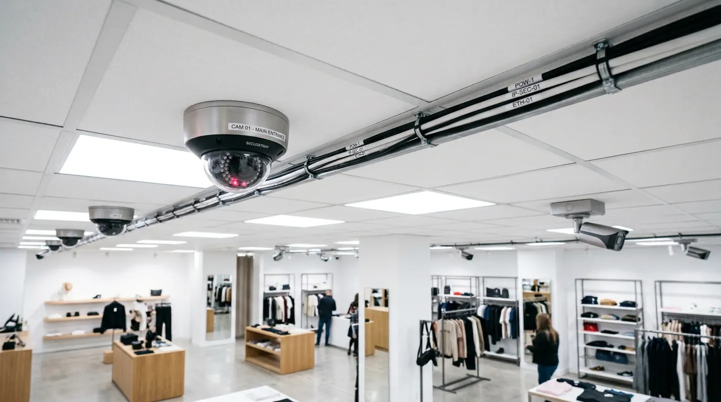 Cámara domo etiquetada CAM 01 en el techo de una tienda de ropa, con tubería y cableado a la vista